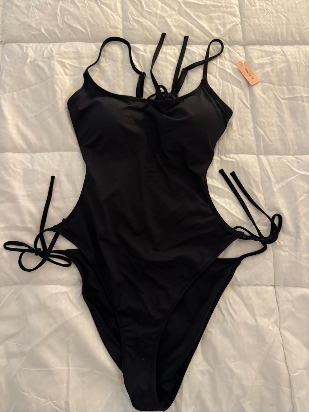 Black Women's One-Piece Swimsuit with Side Tie Straps